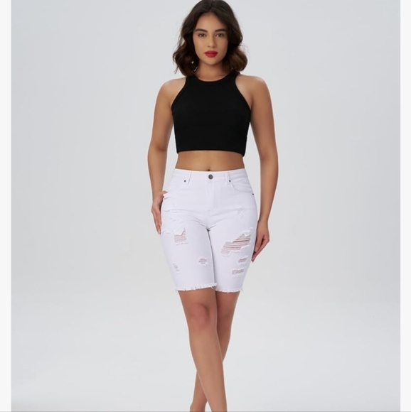 White Distressed Bermuda Denim Shorts - Picture 7 of 16